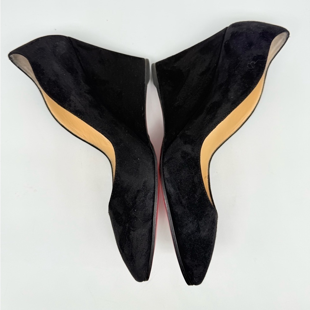 Christian Louboutin Black Suede Leather Tanja scalloped Wedge Pumps EU 38.5 - Picture 4 of 6